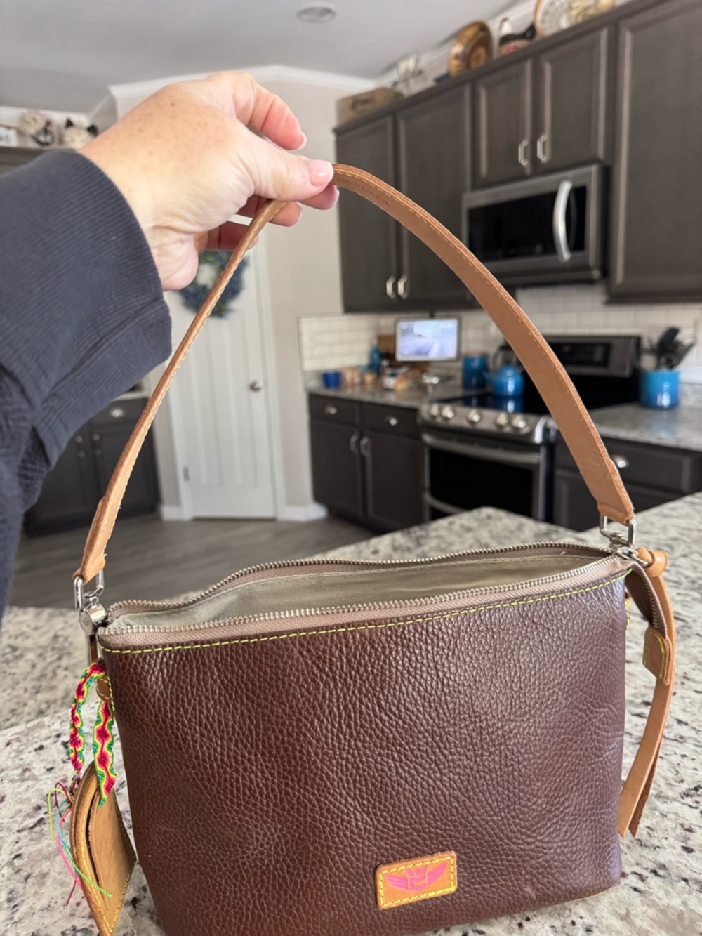 Consuela Brown Leather Shoulder Bag with Multicolor Strap Accent - Picture 3 of 6